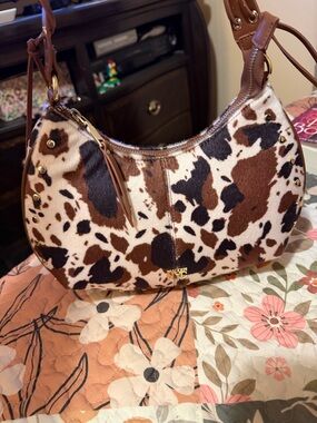 Madden NYC Half Moon Cow Print Stud Shoulder Bag